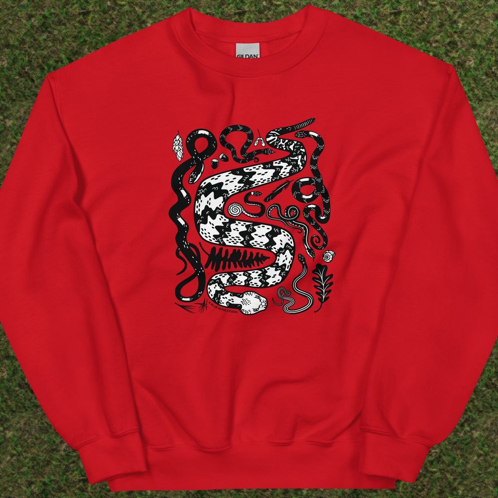 A red sweatshirt with a design of seven native north American snakes