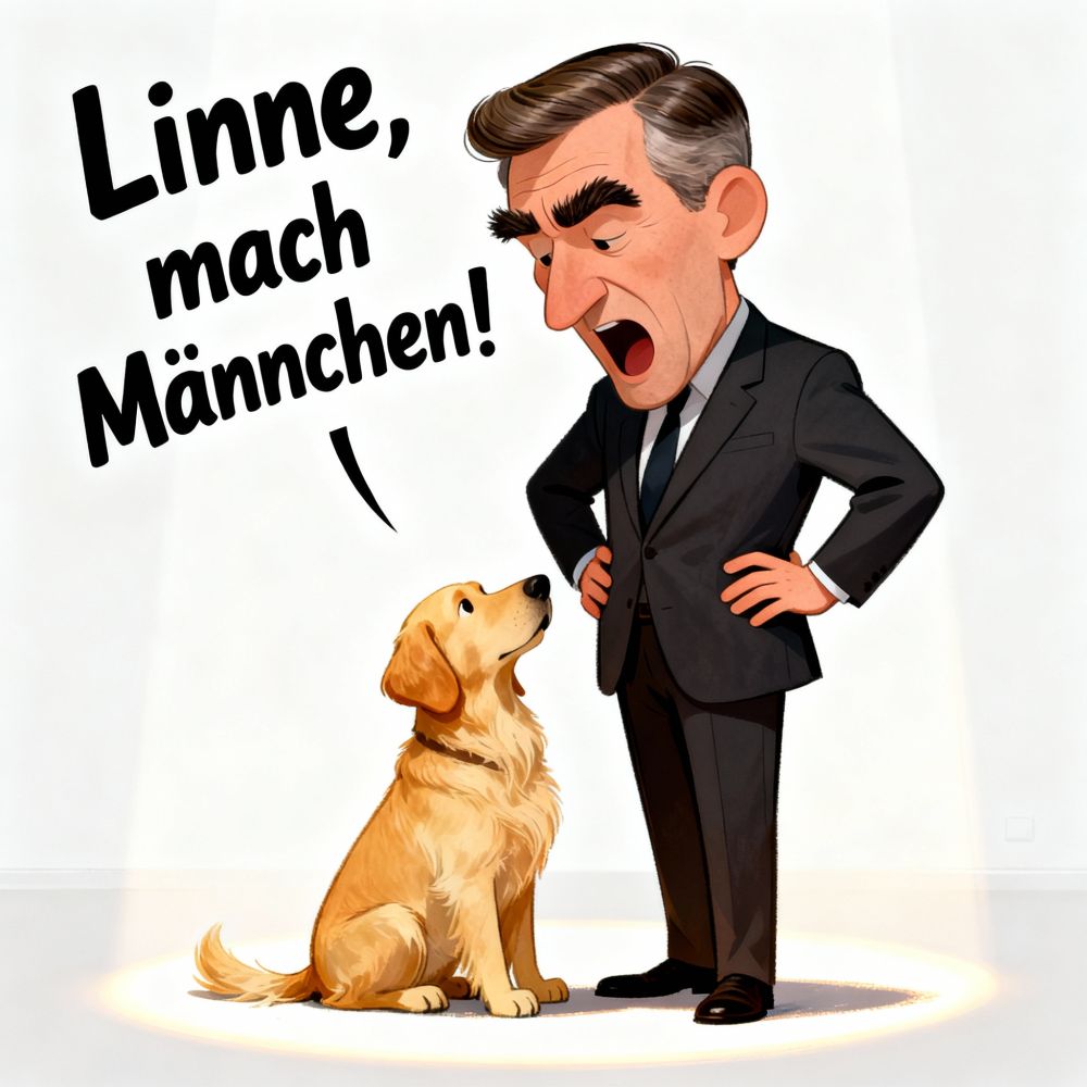 Das Bild zeigt eine Karikatur, in der ein älterer Mann mit Glatze und schwarzem Anzug dargestellt ist, der dem Politiker Friedrich Merz ähnelt(see the generated image above). Der Mann steht leicht gebückt und ruft seinem Hund, einem kleinen, hellbraunen Terrier namens Linne, zu: „Linne, mach Männchen.“ Der Hund blickt zu seinem Herrchen hoch und steht auf den Hinterbeinen. Im Hintergrund sind einfache geometrische Formen angedeutet, die eine neutrale Umgebung ohne erkennbare Details darstellen.