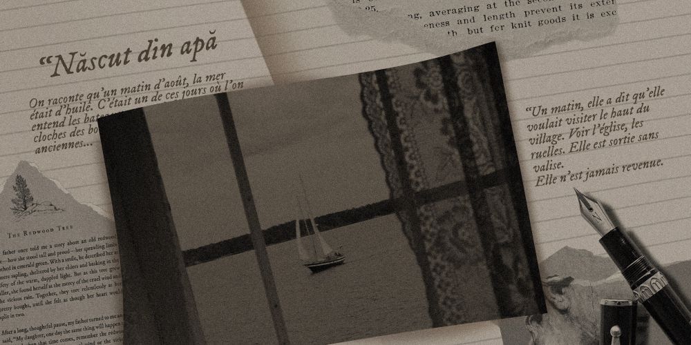 Nascut din apa
On raconte qu’un matin d’août, la mer était d’huile. C’était un de ces jours où l’on entend les bat… cloches des bo… anciennes…

[Une photo de voilier dissimule le texte]

Un matin, elle a dit qu’elle voulait visiter le haut du village. Voir l’église, les ruelles. Elle est sortie sans valise. 
Elle n’est jamais revenue. 