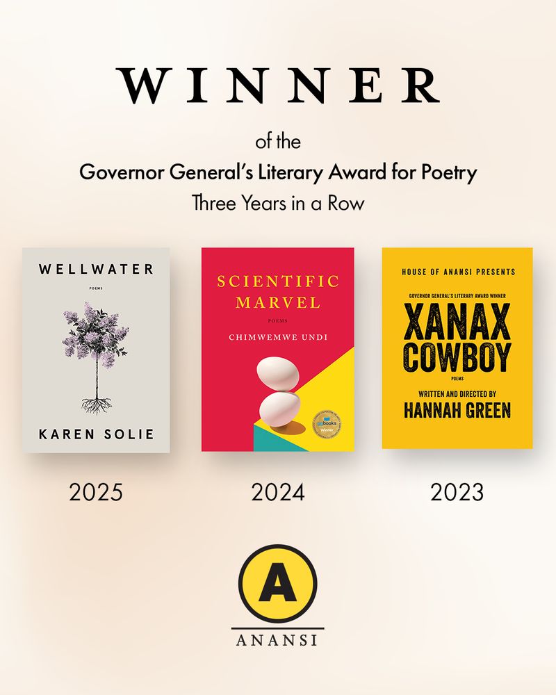 A graphic reads, "WINNER of the Governor General's Literary Award for Poetry, Three Years in a Row," showing the book covers of WELLWATER by Karen Solie in 2025, SCIENTIFIC MARVEL by Chimwemwe Undi in 2024, and XANAX COWBOY by Hannah Green in 2023.