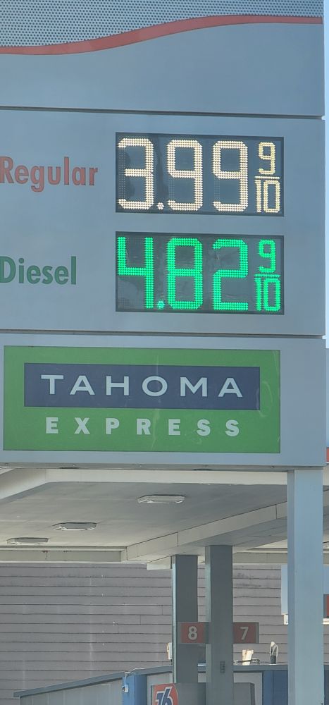 Tribal gas station in Tacoma, WA with regular gas price at $3.99 9/10. It's nowhere near Trump's assertion that gas price is $1.98.
