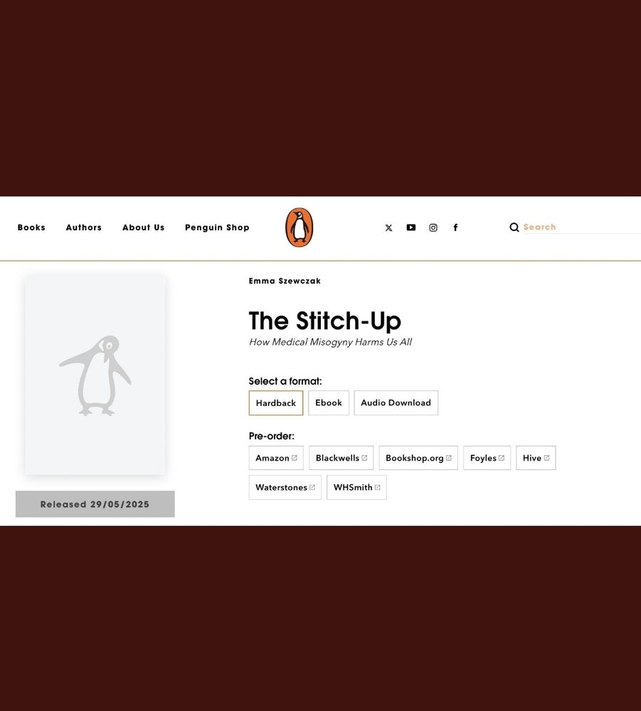 Screenshot of penguin webpage for book entitled The Stitch-Up: How Medical Misogyny Harms Us All, released 29/05/25