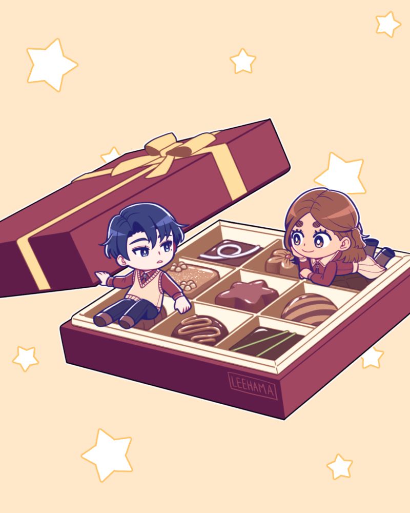 Digital illustration of chibi versions of Nora and Elliot, the protagonists of my webcomic And Another Lovely Day, sitting in an oversized box of chocolates.