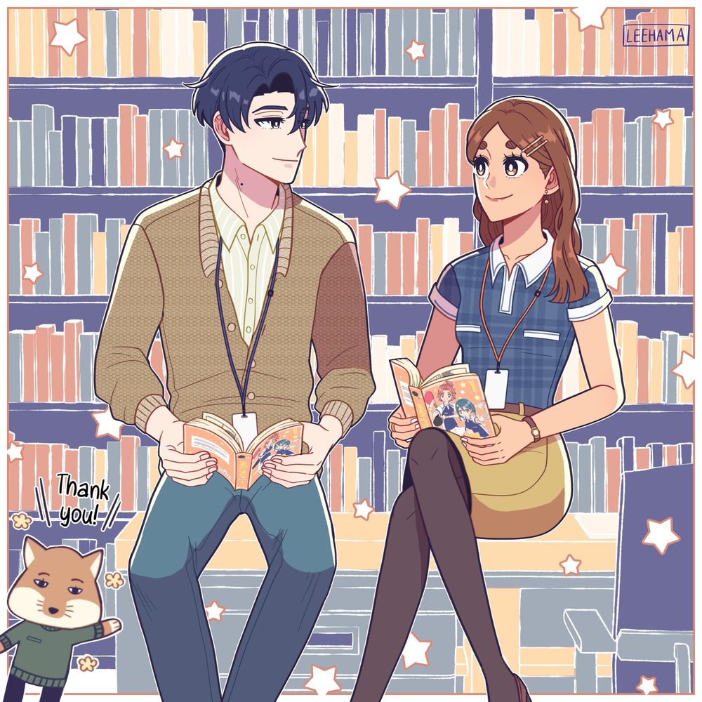 A digital illustration of Elliot and Nora from the webcomic And Another Lovely Day.  They sit on a desk in a library, smiling at each other as they hold copies of the same comic book.  In the bottom left corner, my avatar waves and says, "Thank you!"