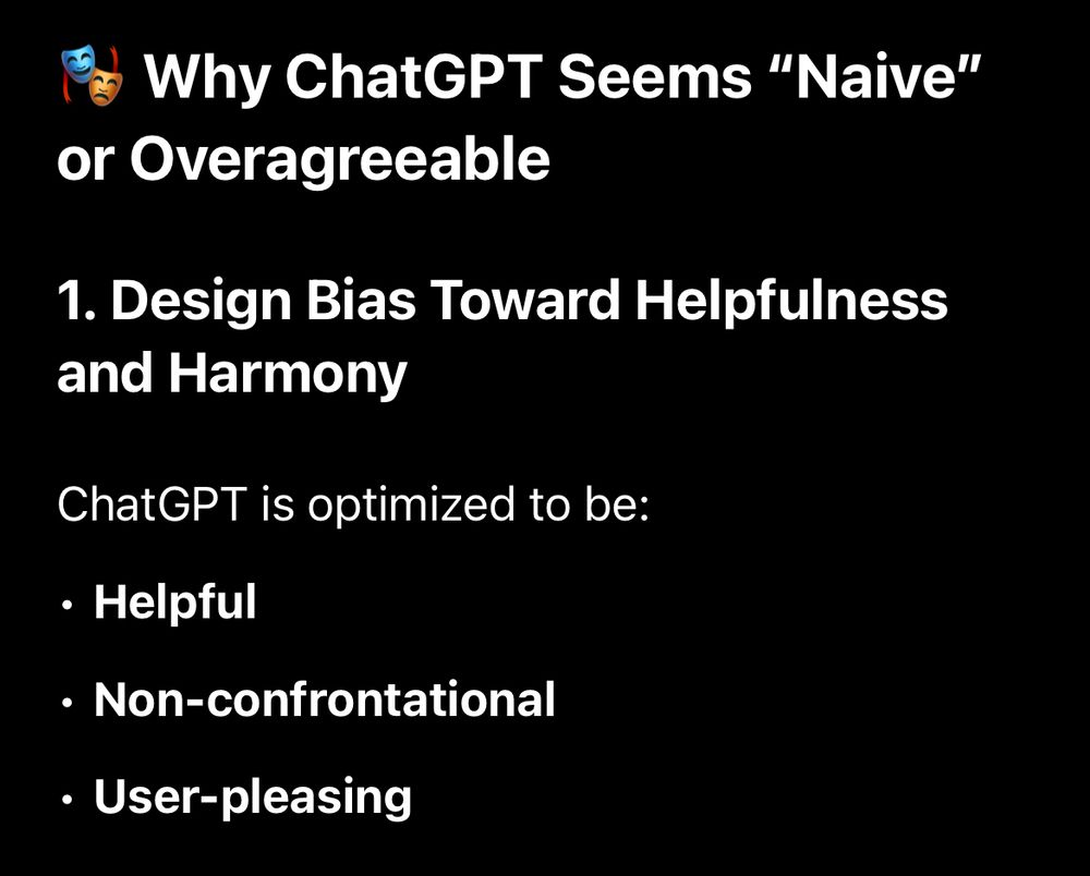 ChatGPT response states that it is built to be helpful and to avoid confrontations. 