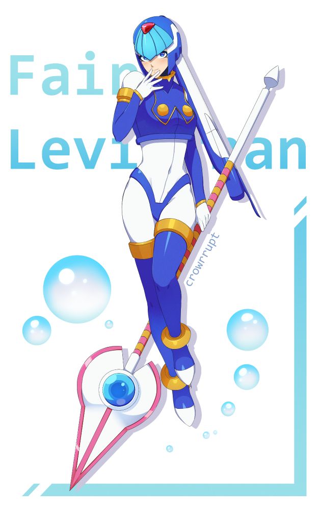 Digital drawing of Fairy Leviathan from Mega Man Zero. She is holding her lance behind her body with on hand and is holding her other hand up to her face in a cutesy pose. In the background the words "Fairy Leviathan" can be seen in blue text. There are several bubbles around her legs.