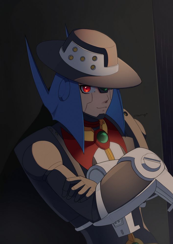 Digital art of Spider from Mega Man X Command Mission. He is leaning against an alley wall with his arms crossed and head pointed down, with one of his eyes looking towards the viewer. Behind the wall there is rain on a dark background, implying it is a rainy night. There seems to be a single light source above Spider that is creating the stark lighting, possibly a streetlamp. As Spider himself seems dry, there's an implication that he is waiting under shelter with the viewer.