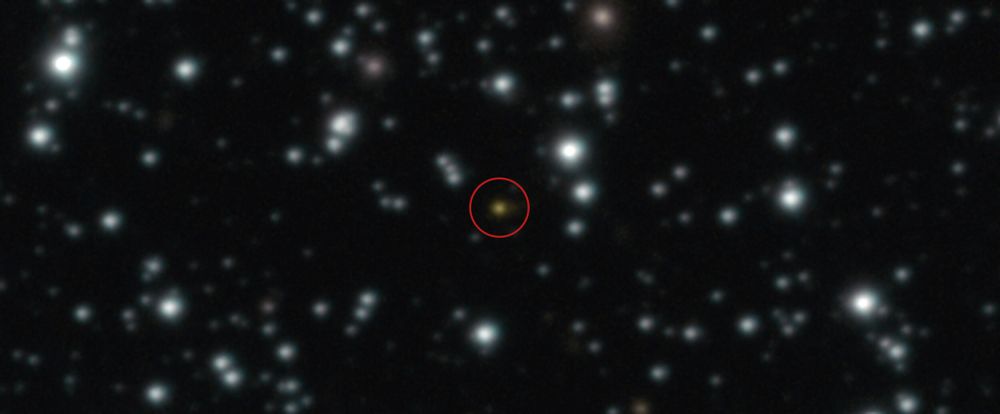 Sterrenhemel vol met witte stippen. De oranje stip in het midden van deze afbeelding is een krachtige explosie die zich in de loop van een dag meerdere keren heeft herhaald – een gebeurtenis die nog nooit eerder is waargenomen. Credit: ESO/A. Levan, A. Martin-Carrillo et al.