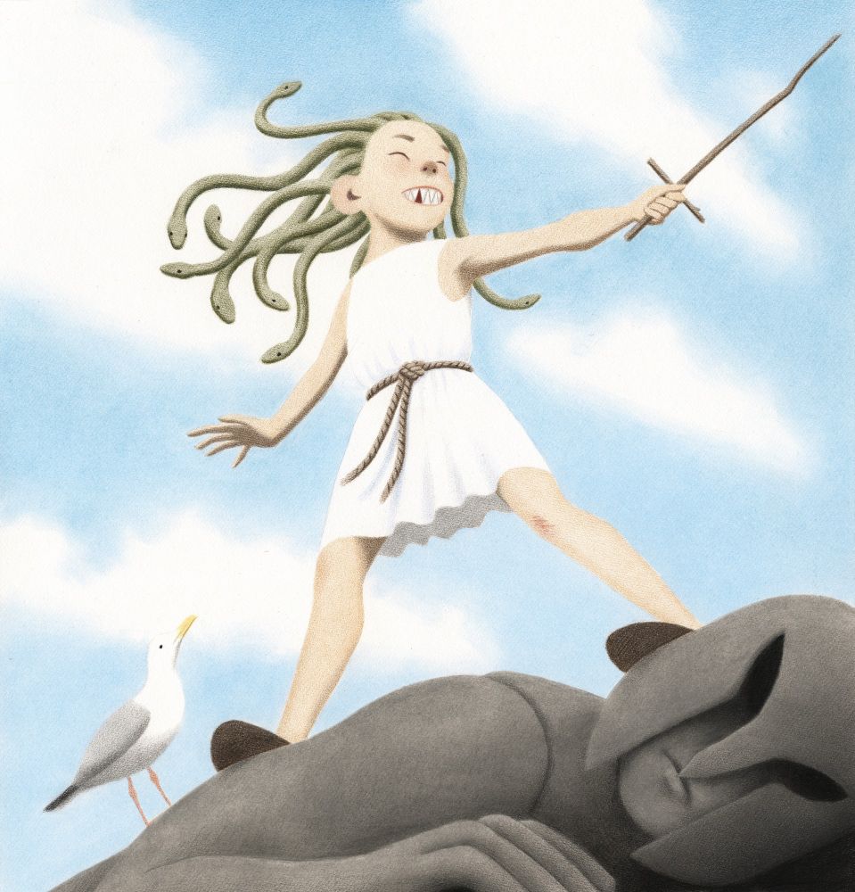 Medusa as a young girl stands on a fallen statue of a Greek soldier. She wields a stick sword and grins as a seagull looks up at her.