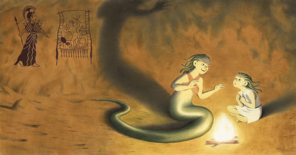 Medusa’s mother tells her a story while they sit by a fire in a cave, a painting on the wall behind them shows Athena cursing Arachne to be a spider.