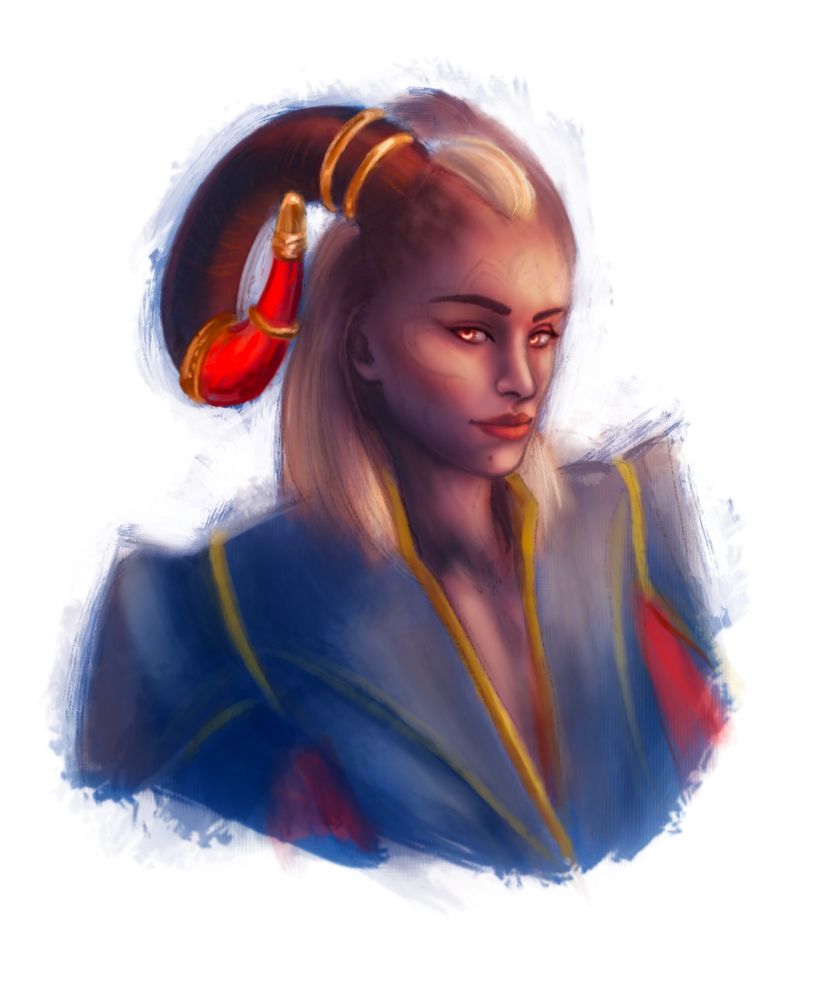 A digital bust illustration of a qunari version of the player character Rook from Dragon Age: The Veilguard.