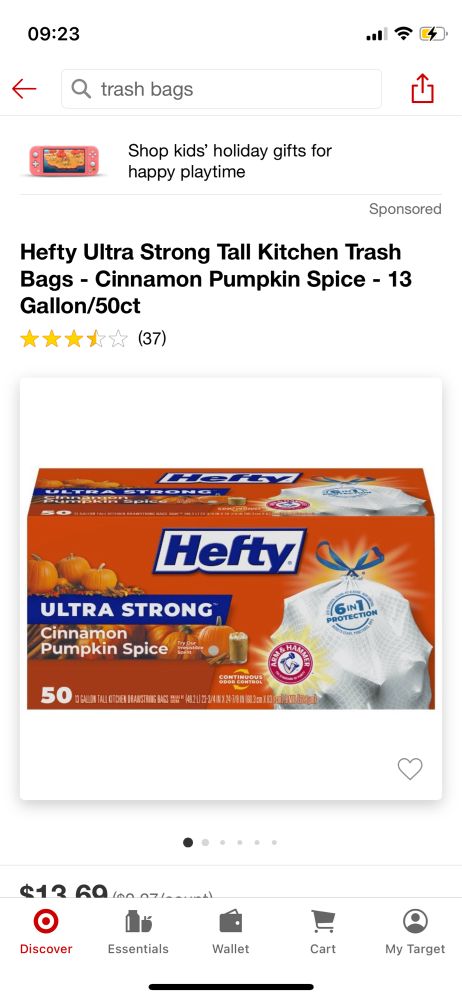 Target listing for Hefty Ultra Strong Tall Kitchen Trash Bags - Cinnamon Pumpkin Spice flavor