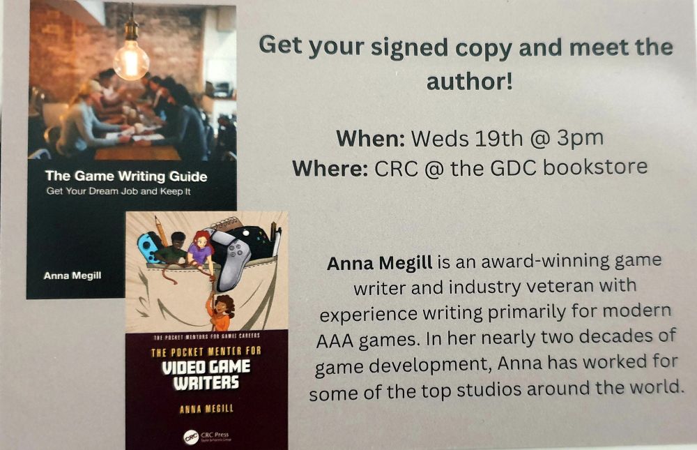 A flyer showing my book covers that reads: Get your signed copy and meet the author! When: Weds 19th @3PM Where: CRC @ the GDC bookstore
