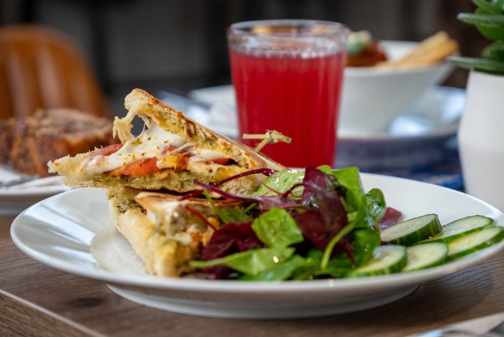 A toasted sandwich is served along with a side salad and a fruit cooler