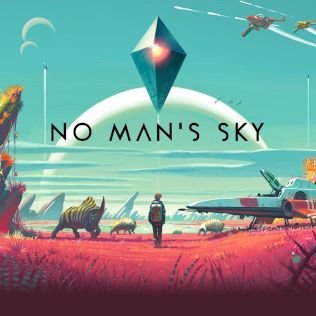 Cover Art: No Man’s Sky
Image of an alien world of reds and yellow colors. A spaceship is landed on the right, aliens rhino like creatures on the left. The Atlas diamond shaped station is centered in the sky above the title.
