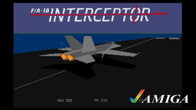 F/A-18 Interceptor on the Amiga. Image shows a fighter jet in very low polygons on top of an aircraft carrier on the middle of a digital blue ocean. 