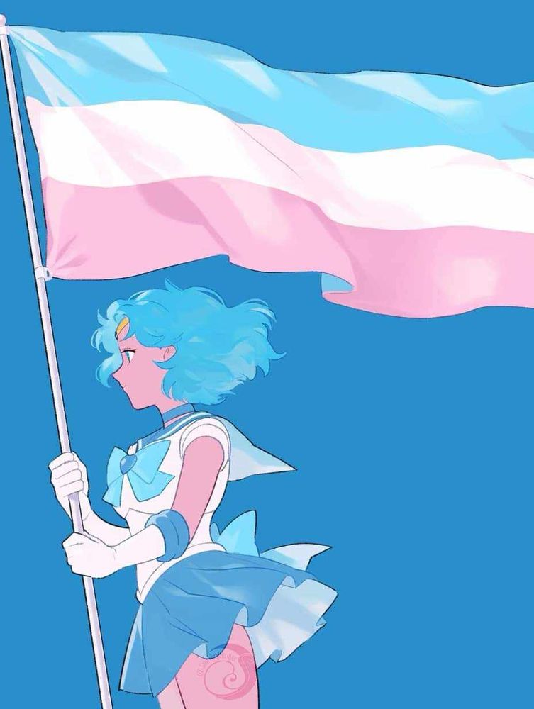 Sailor Mercury holding a trans pride flag. Watermarked but unreadable, sorry. 