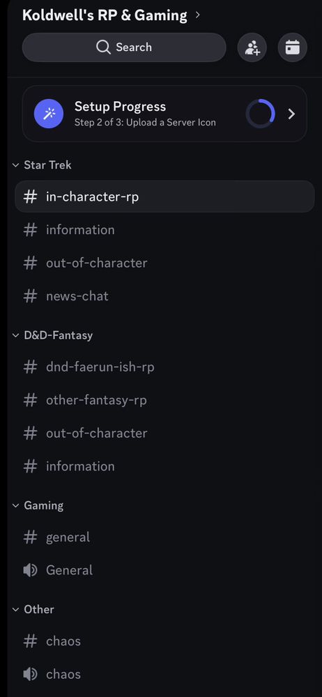 Screenshot of a discord server setup with categories of Star Trek, D&D, Gaming, Other, each has boards for in character vs out of character chat.