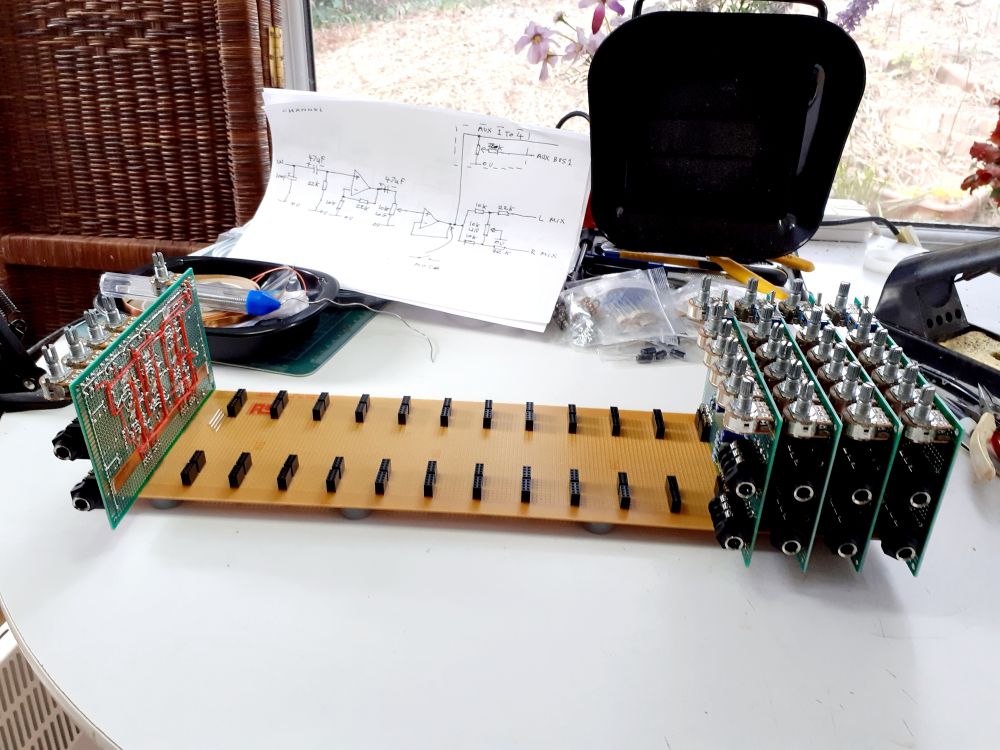 Looking at the backside of the mixer with input jack sockets.