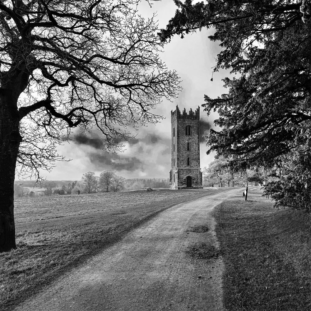 A square black and white shot of a three-story crenellated square tower framed by trees. The tree on the left is a bare oak tree, the tree on the right is an evergreen. A path runs from the center foreground and curves right to pass the tower.