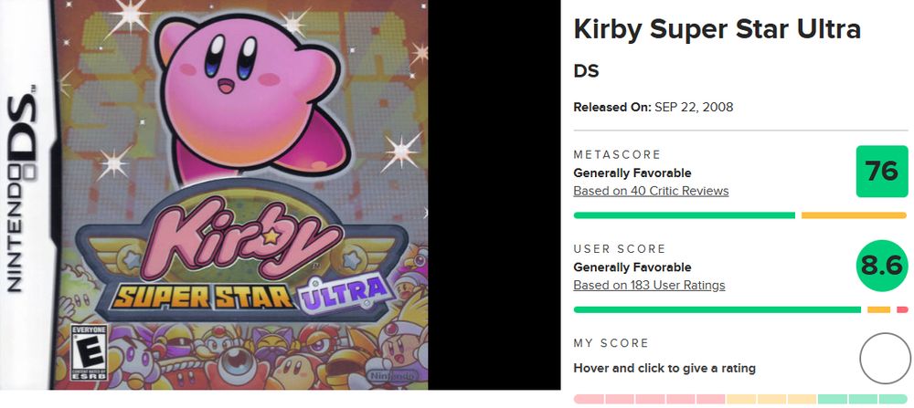KIRBY SUPER STAR ULTRA with a score of 76 from metacritic.