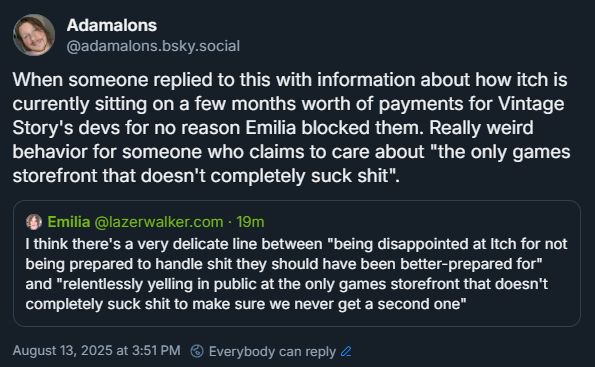 Extremely weird knee-jerk block from someone who doesn't seem interested in the discourse they claim to be interested in having: Emilia @lazerwalker.com posts 