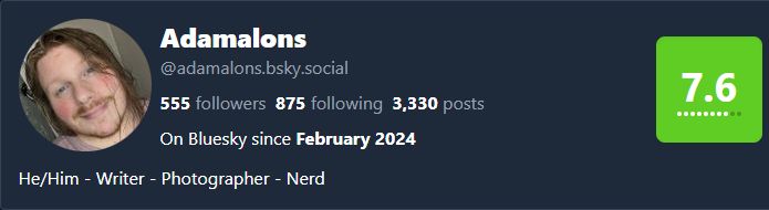 Adamalons' bluefacts page with a 7.6 engagement rating or something like that.