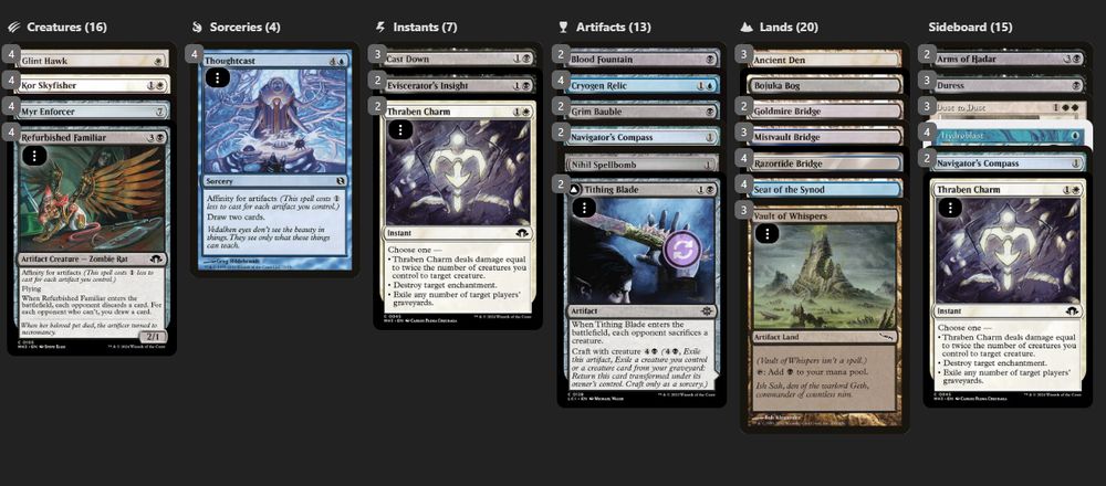 3 Ancient Den
2 Blood Fountain
1 Bojuka Bog
3 Cast Down
4 Cryogen Relic
2 Eviscerator's Insight
4 Glint Hawk
2 Goldmire Bridge
2 Grim Bauble
4 Kor Skyfisher
3 Mistvault Bridge
4 Myr Enforcer
2 Navigator's Compass
1 Nihil Spellbomb
4 Razortide Bridge
4 Refurbished Familiar
4 Seat of the Synod
4 Thoughtcast
2 Thraben Charm
2 Tithing Blade
3 Vault of Whispers

SIDEBOARD:
2 Arms of Hadar
3 Duress
3 Dust to Dust
4 Hydroblast
2 Navigator's Compass
1 Thraben Charm