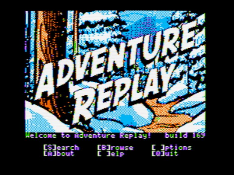 title screenshot from "Adventure Replay" showing title screen and items "Search," "Browse", "About," and "Quit" and disabled items "Options" and "Help" which aren't ready yet