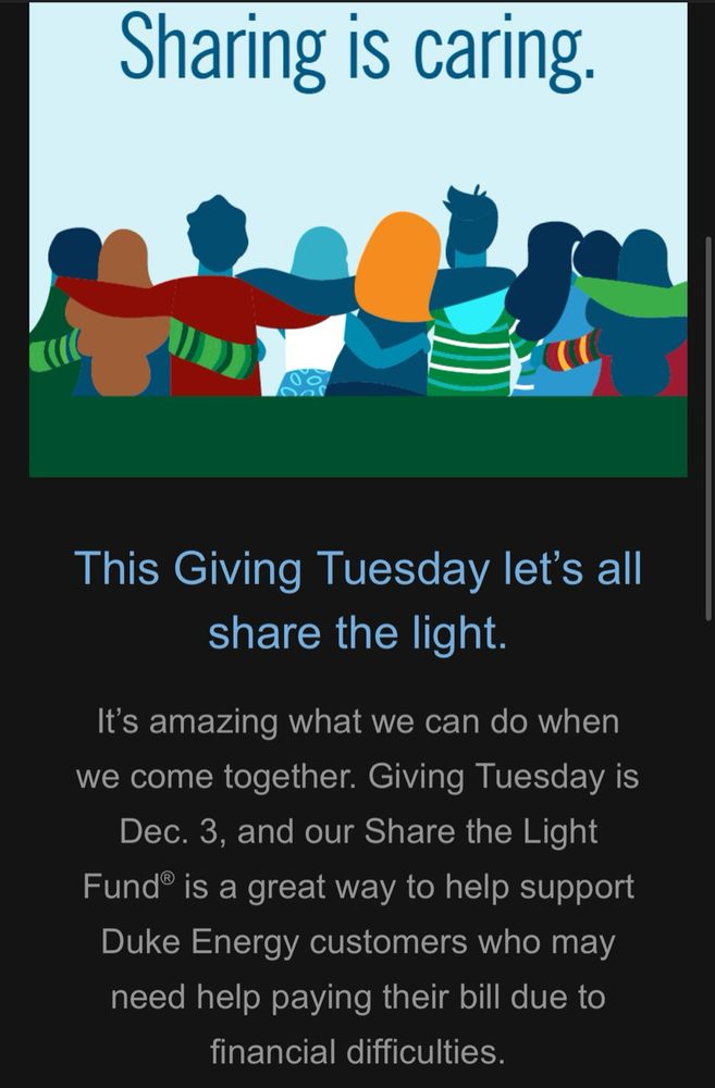 A screenshot of an email from Duke Energy asking for donations to help low income customers cover their electricity bills 