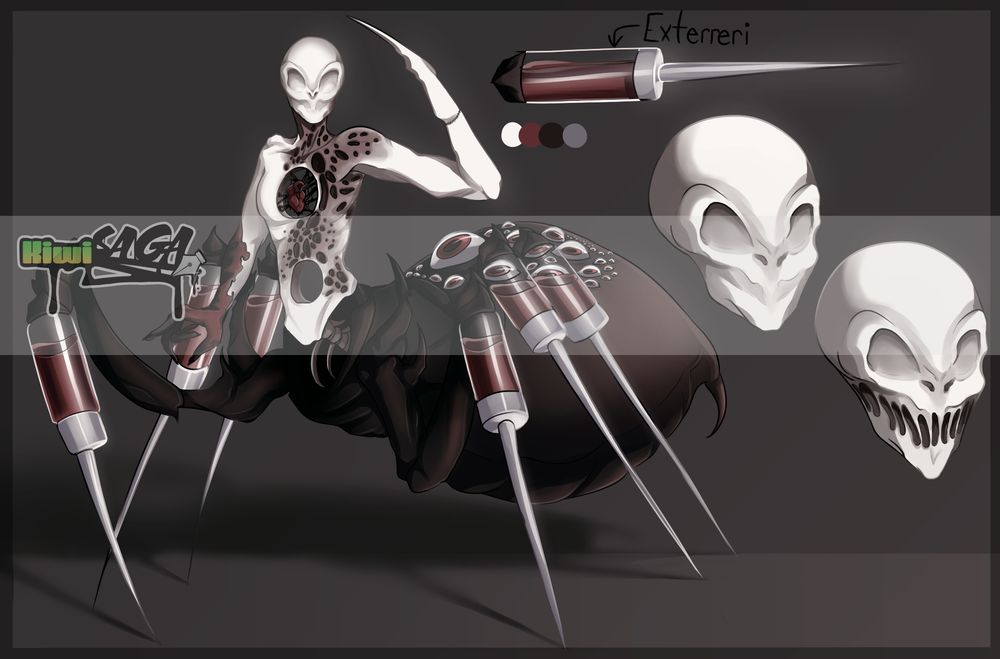 Arachnid half person half spider monster with needles for legs and many eyes on it's back, with a eerily white torso showing an exposed heart and a faceless head
