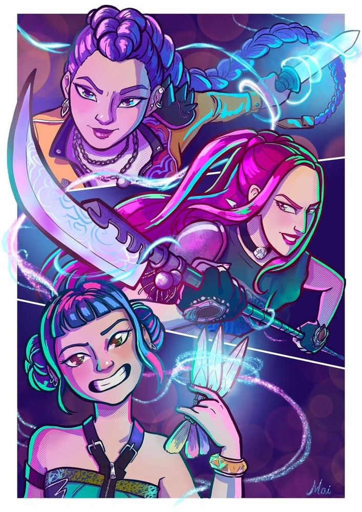 Fanart em arte digital, das personagens(de cima pra baixo) Rumi, Mira e Zoey, integrantes da banda fictícia Huntrix, do filme Kpop Demon Hunters. Armas e figurinos baseados na música How it's done