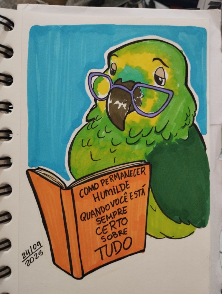 Desenho de um periquito verde de lilás lendo um livro laranja "como permanecer humilde quando você está sempre certo sobre tudo". Versão com Lineart em nanquim e colorida