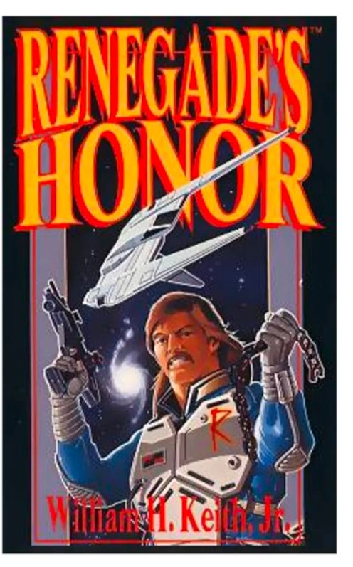 A paperback book cover in the style of the 1980s.

At the top in yellow letters with red border in all caps "RENEGADE'S HONOR". 
Below the tile is a white spaceship with a u shaped hull and a large ventral fin. 

Taking up the rest of the cover is a man wearing blue and white body armor. In his right hand is a laser blaster and in his left is a section of chain. He has a beautiful mullet and he is grimacing. 