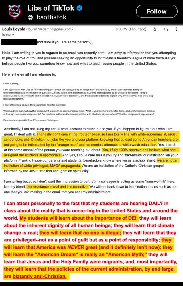 An email response from an anonymous teacher to Iibsoftiktok stating that their students will learn DEI, no one is illegal, Jesus was a migrant, and the current admin is antichristian. 