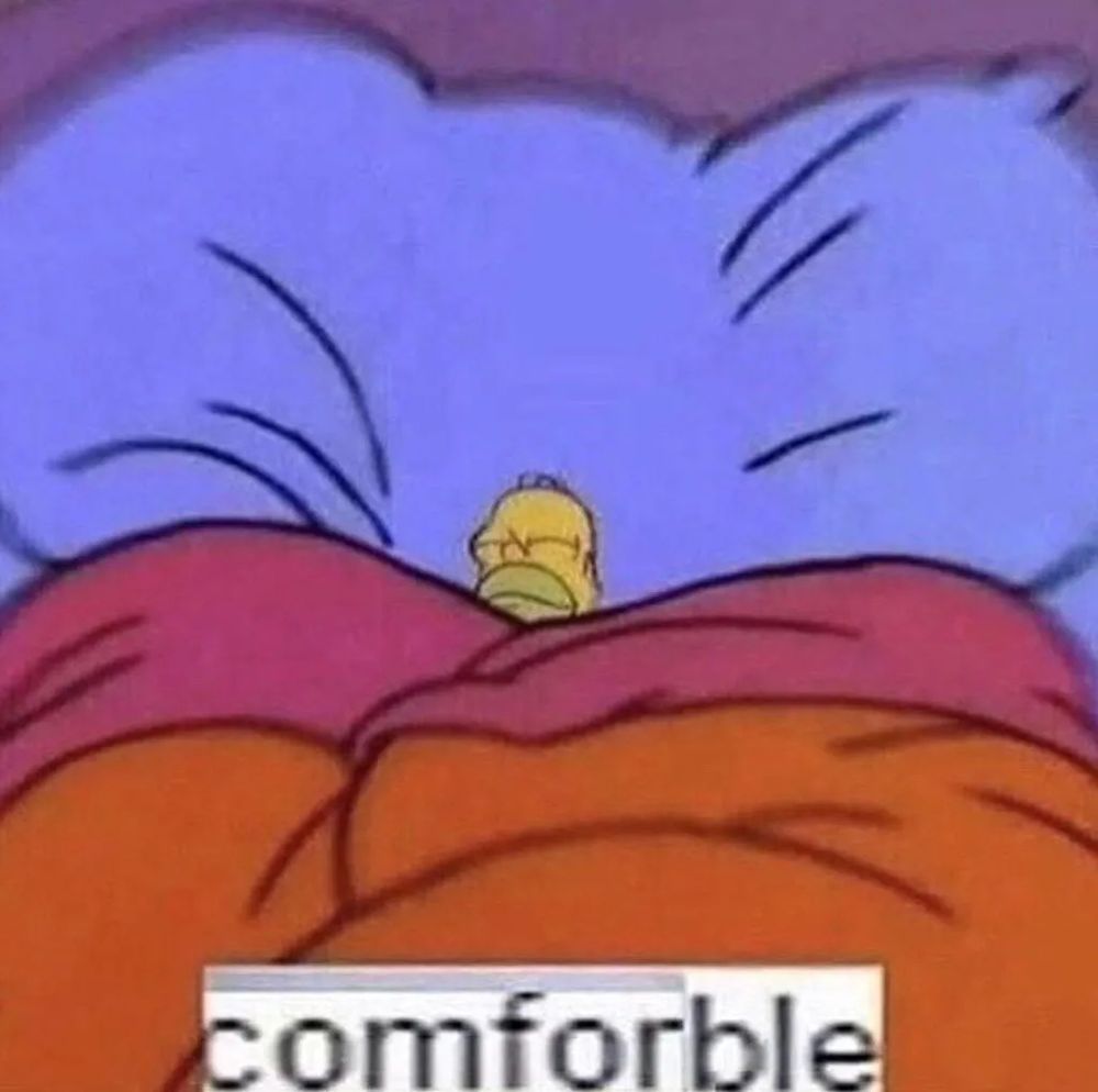 Image of Homer Simpson sleeping in a bed. Homer had been edited to look smaller.

At the bottom of the image is a textbox with the word "comforble" 