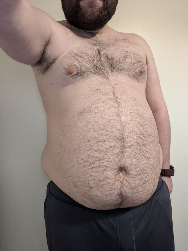 Cropped selfie of a chubby male standing shirtless. 