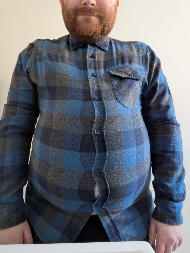 Chubby male facing directly towards the camera wearing a shirt. The shirt does not fit well, with the lower buttons strained. 