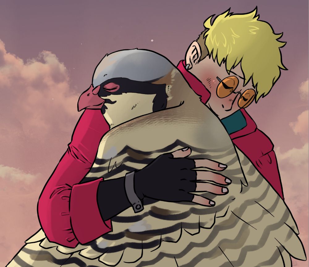 Vash from Trigun tenderly embracing Shuu (in bird form) from Hatoful Boyfriend.  The both have thier eyes closed in this quiet moment.  The background is the sky at dusk.  I know nothing about Hatoful Boyfriend or Shuu and was told that makes this funnier.