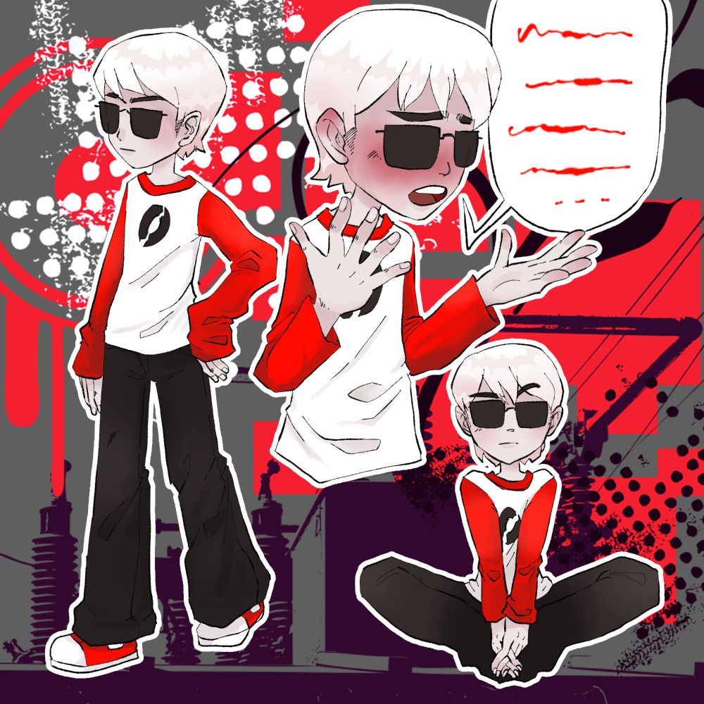 three images of dave strider from homstuck.  One fullbody, looking cool and neutral, one half body looking flustered a trying to explain something, and one smaller full body sitting on the ground looking like he is judging you, the viewer.