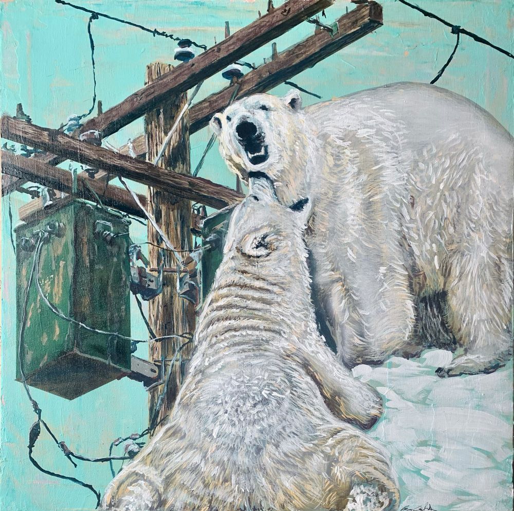 An original acrylic painting on canvas from an original photo of some real polar bears and a real telephone pole.

Confrontation 
By Brian Longfield 
Acrylic on Canvas
24”x24”
2019