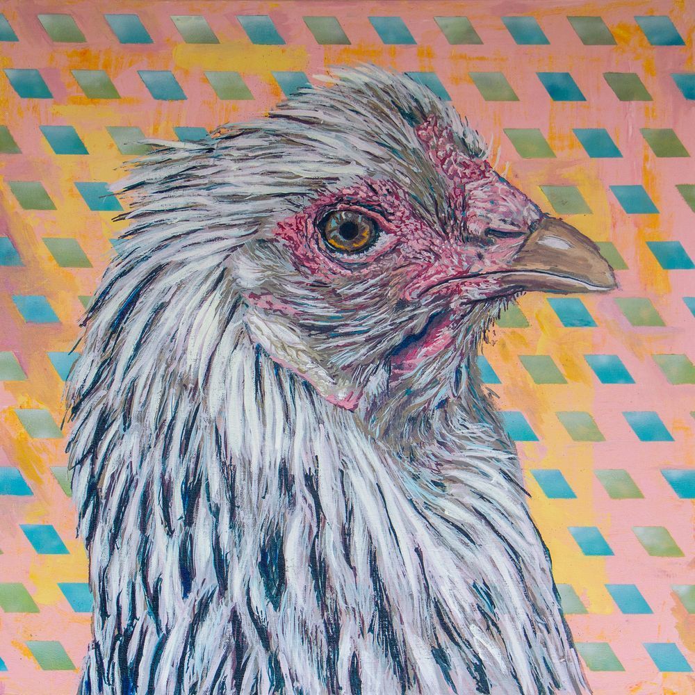 An original acrylic painting on canvas from an original photo of a real chicken. 

This is taken from a photo I took of a chicken at the Kismet Creek Farm. 


Chicken Portrait no. 2
By Brian Longfield 
Acrylic on Canvas
24”x24”
2020