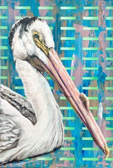 Glaring Pelican
Brian Longfield
Acrylic on canvas
15”x 22” 
2022
.
.
I continue to be compelled by the way the pelican’s beak resists “facialization.” I think it has to do with the way the cheeks connect to the lower jaw instead of the upper like you’d expect.