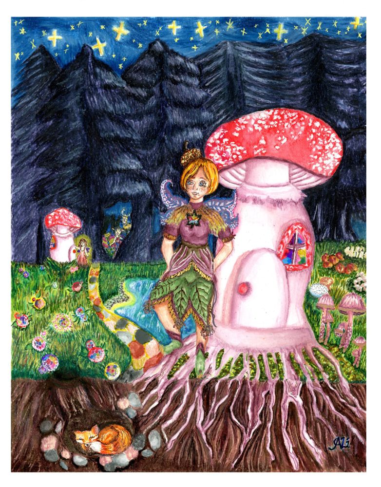 In the enchanted woods there is a Mushroom village and one of its residents is Tilia. She makes potions and food with the shrooms and fairy berries that surround her. She stands by her toadstool house to watch out for hawks and owls and to greet visitors. Made on 11”x14” Artist Loft level 3 professional mixed media paper.
Here are the mediums I used:


Colored Pencils:
-Caran D’Ache luminance
-Holbein Artists Colored Pencils
-Faber Castell Polychromos & Pitt Oil Base
-Tombow Irojiten
-Derwent lightfast


Pens & Finliners:
-Micron pens
-Uni Ball pens (Signo, One, Airsoft)
-Gelly Rolls
-Akashiya Fude brush pen sai thin line





Water Soluble Crayons & Pencil, etc:
-Caran D’Ache Neocolor ll
-Caran D’Ache Supracolor ll
-Caran D’Ache Museum Aquarelle
-ArtGraf Watercolor Graphite
-Brusho crystal color




Watercolors & Inks:
-Deleter White
-Kuretake Gansai Tambi
-iuile handmade watercolors
-Daniel Smith watercolors


Markers:
-Kuretake Brushables
-Molotow one4all
-Faber Castell Pitt Artists brush pens