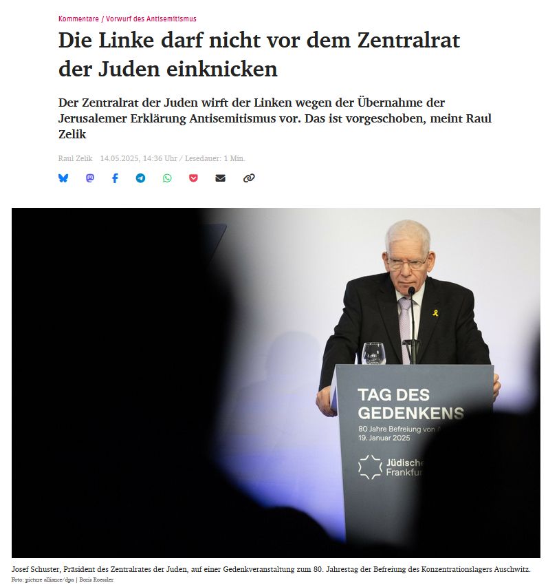 "Die Linke darf nicht vor dem Zentralrat der Juden einknicken
Der Zentralrat der Juden wirft der Linken wegen der Übernahme der Jerusalemer Erklärung Antisemitismus vor. Das ist vorgeschoben, meint Raul Zelik"
