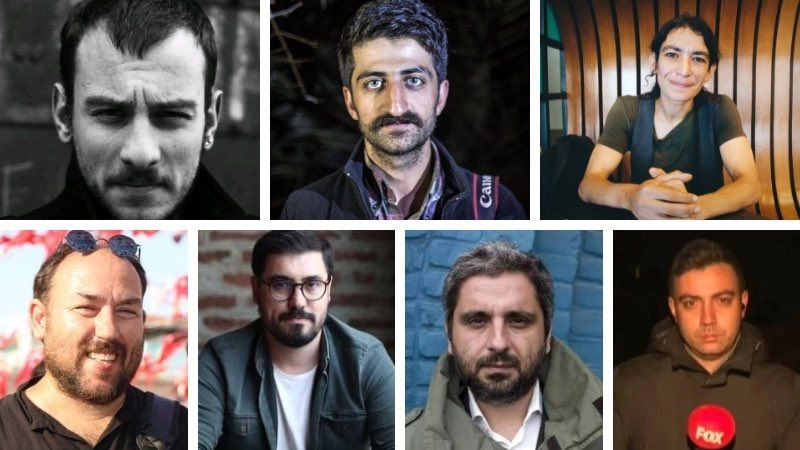 Sieben festgenommene Journalist:innen, die einzelnen Namen im verlinkten Artikel aufgeführt 
