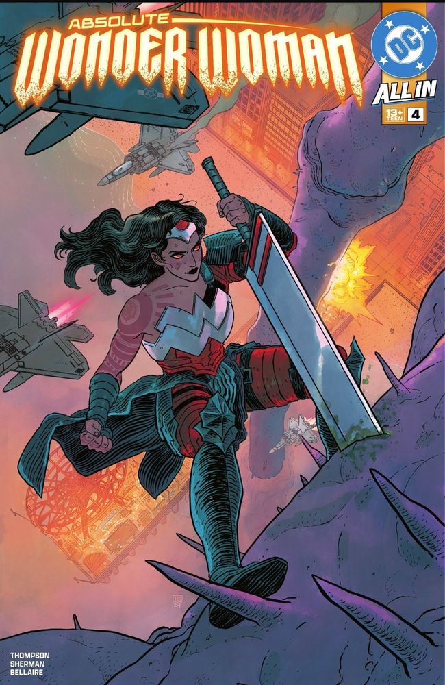 Cover of DC comics absolute wonder woman issue 4. Wonder Woman with a giant sword fighting a monster.  Military Jets in the background
