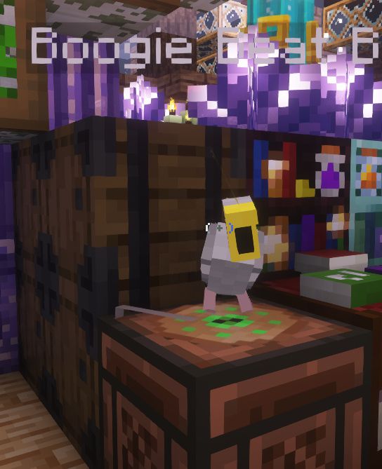 A parrot dancing on a record player in minecraft, near barrels, book cases and purple crystals.