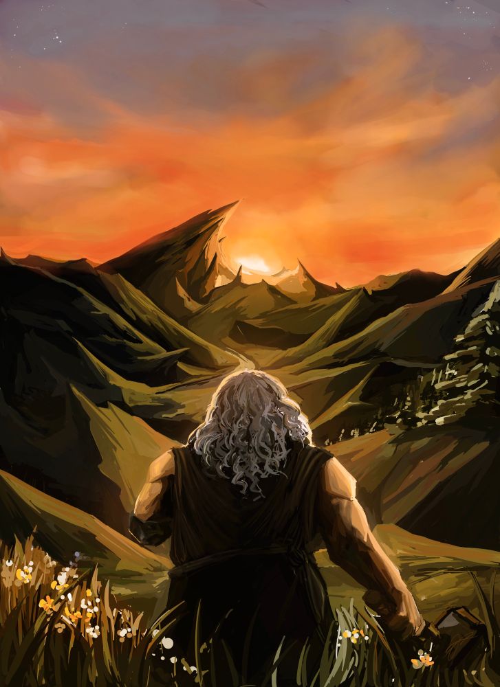 Garen, played by Matthew Mercer, looks out to a sunrise in a valley. Warm light filters through the valley.