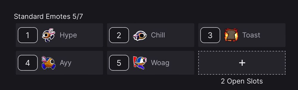 screenshot of my twitch subscriber emotes, most are a mandarin duck color-scheme cataquack called Cereza in various poses.

1) Hype: Cereza lifting her beak and left leg in a cheer.

2) Chill: Cereza sitting down, her beak resting between her up-right feet.

3) Toast: a slice of bread dramatically posing in front of a bright flame.

4) Ayy: Cereza jumping with joy.

5) Woag: Cereza standing on the tip of her toes looking into the distance in surprise with a large red exclamation sign next to her
